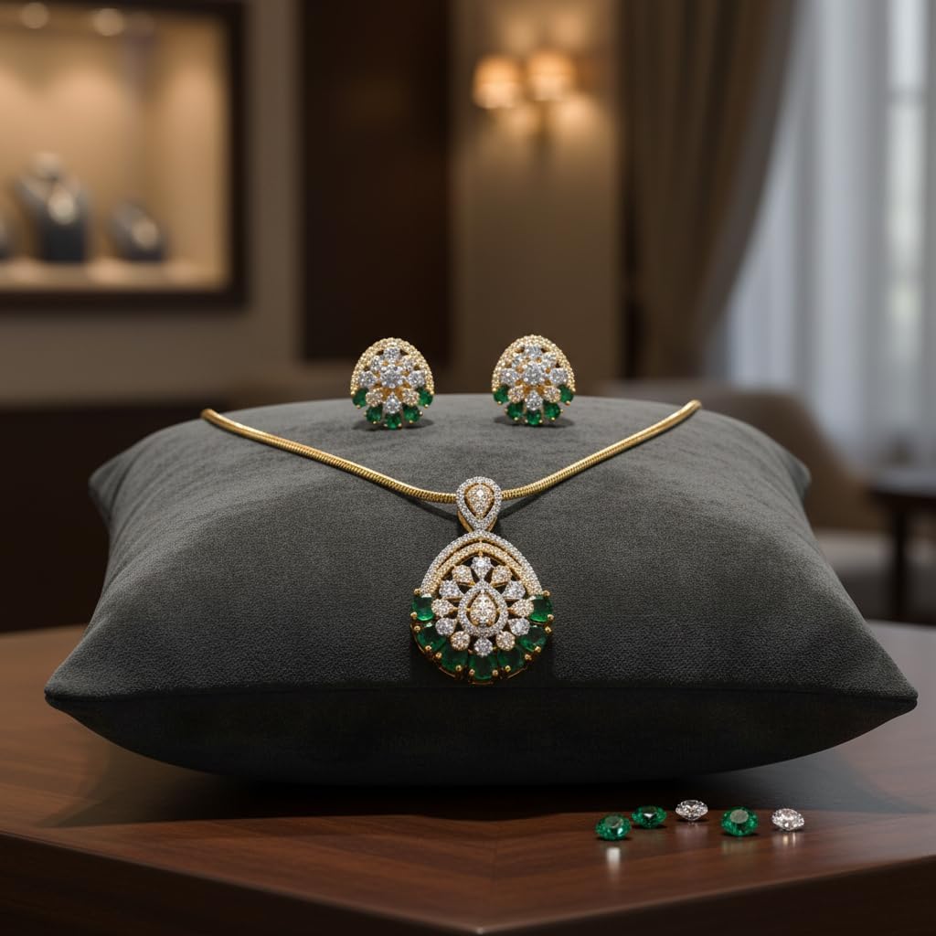 1397-Pretty Precious AD Two Tone Pendant Set for Women | American Diamond Pendant with Earrings & Chain | Elegant Party, Wedding & Daily Wear Jewellery-Green