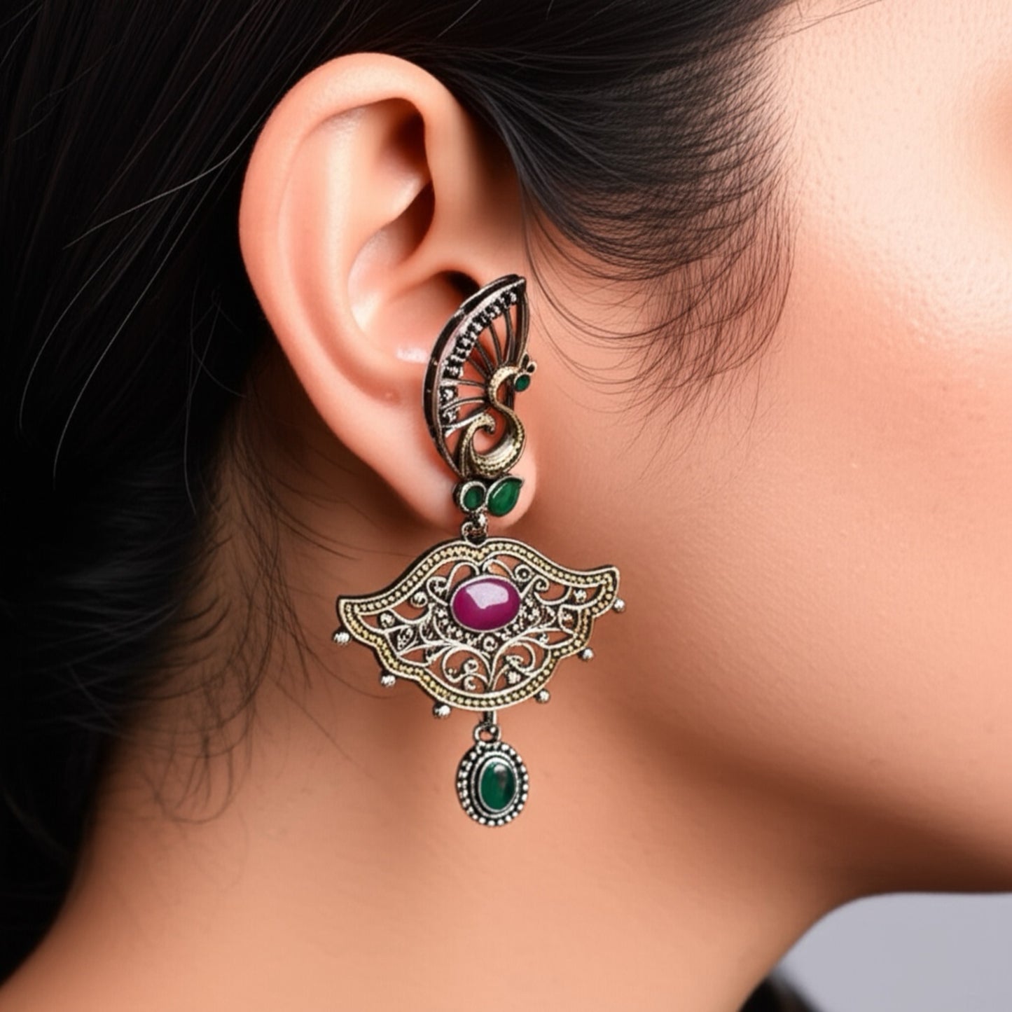 808915 Pretty Precious Fashion Oxidised Silver Stylish Party Wear Earrings for Women and Girls-Rubygreen