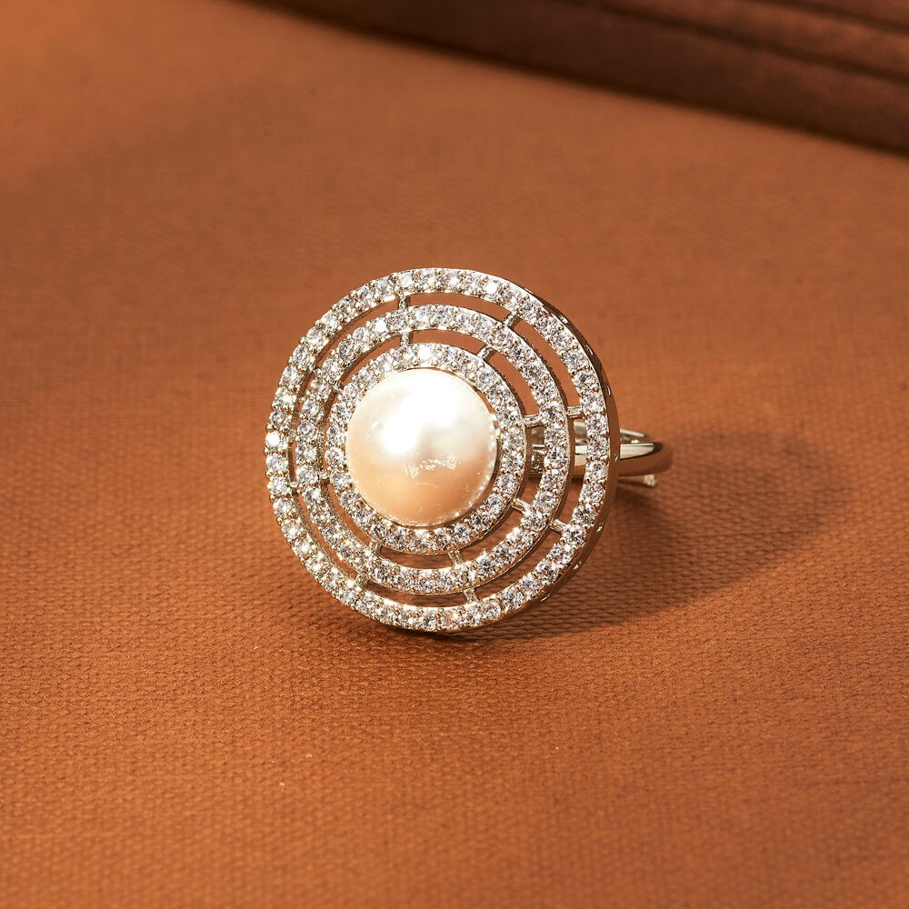 434006 Cz Moti Ring With Rhodium 2 Tone Plating-Silver