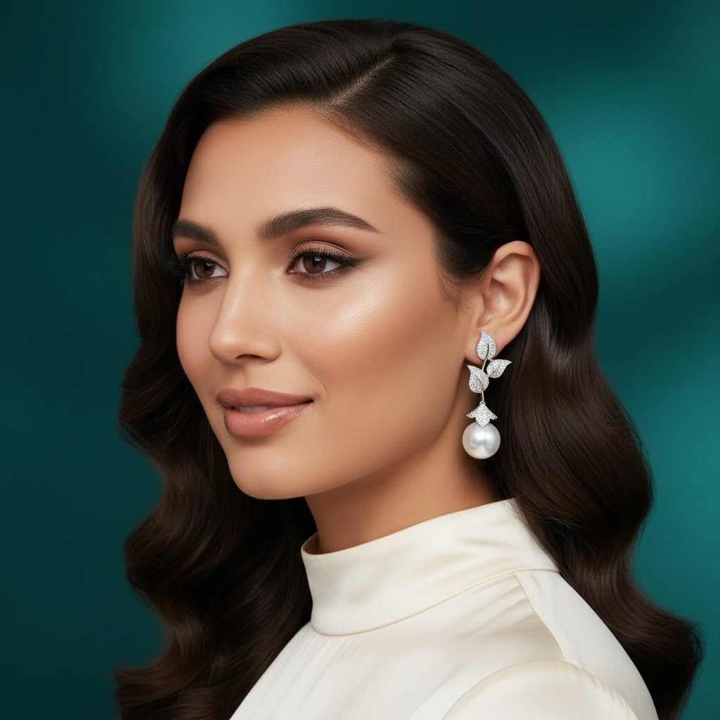 434633 Cz Moti Earring With 2 Tone Rhodium Plating-Silver