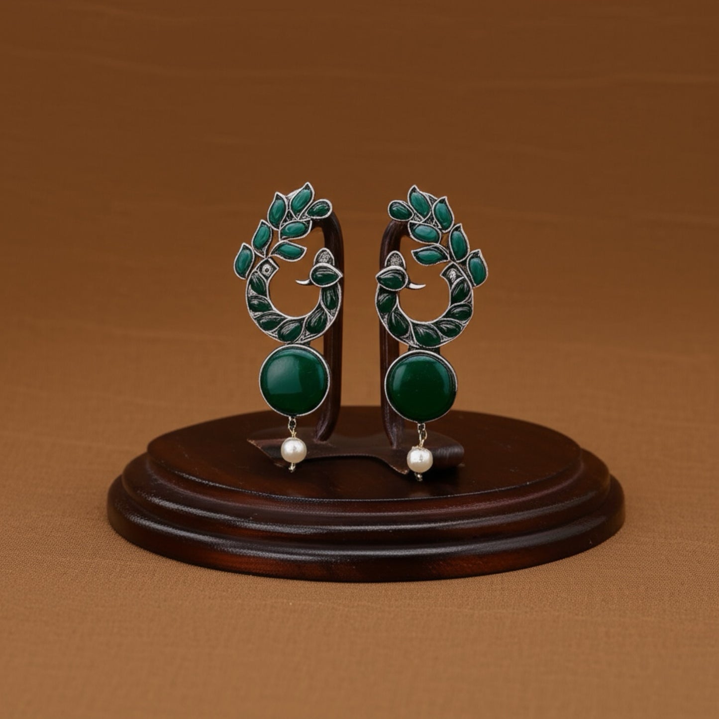 806913 Peacock Jhumki With Oxidised Plating-Green