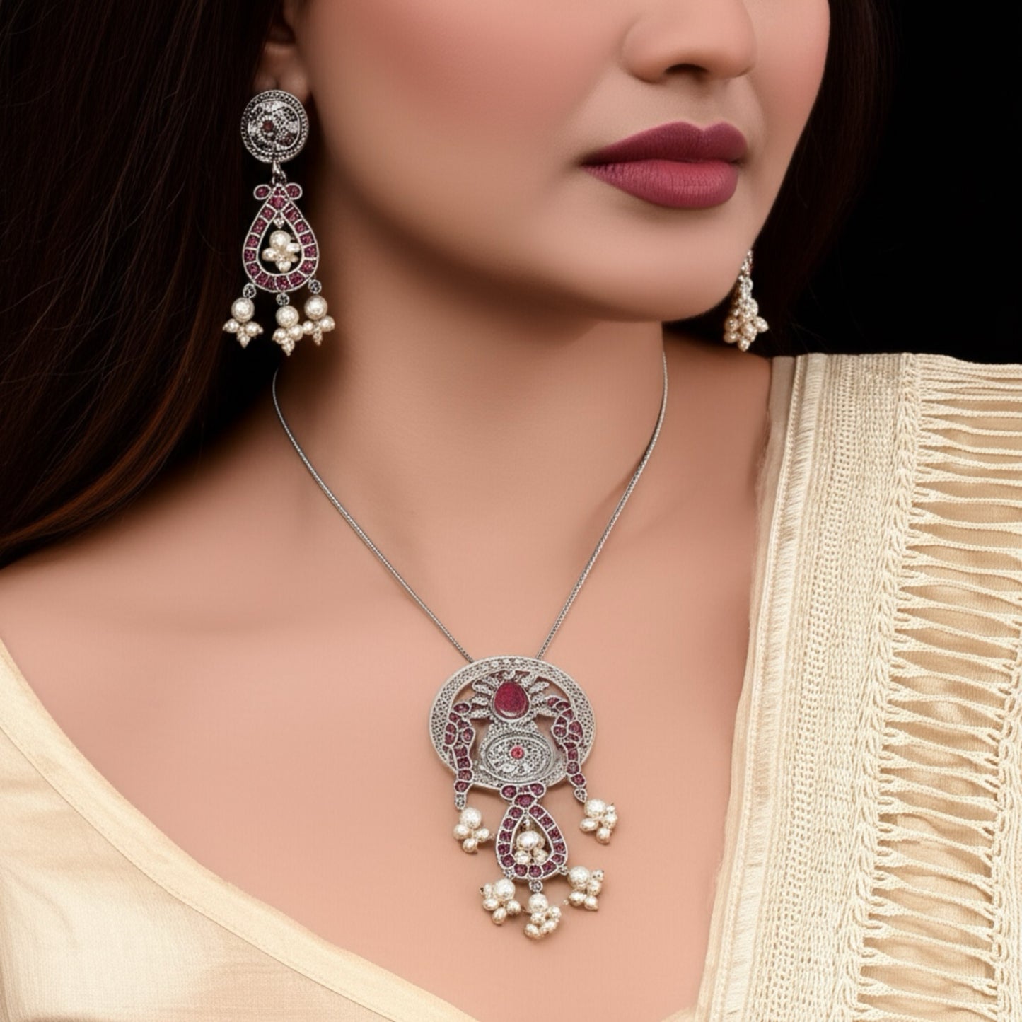 EOX35350 Pendant Set With Oxidized Plating-Ruby