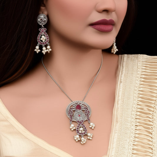 EOX35350 Pendant Set With Oxidized Plating-Ruby