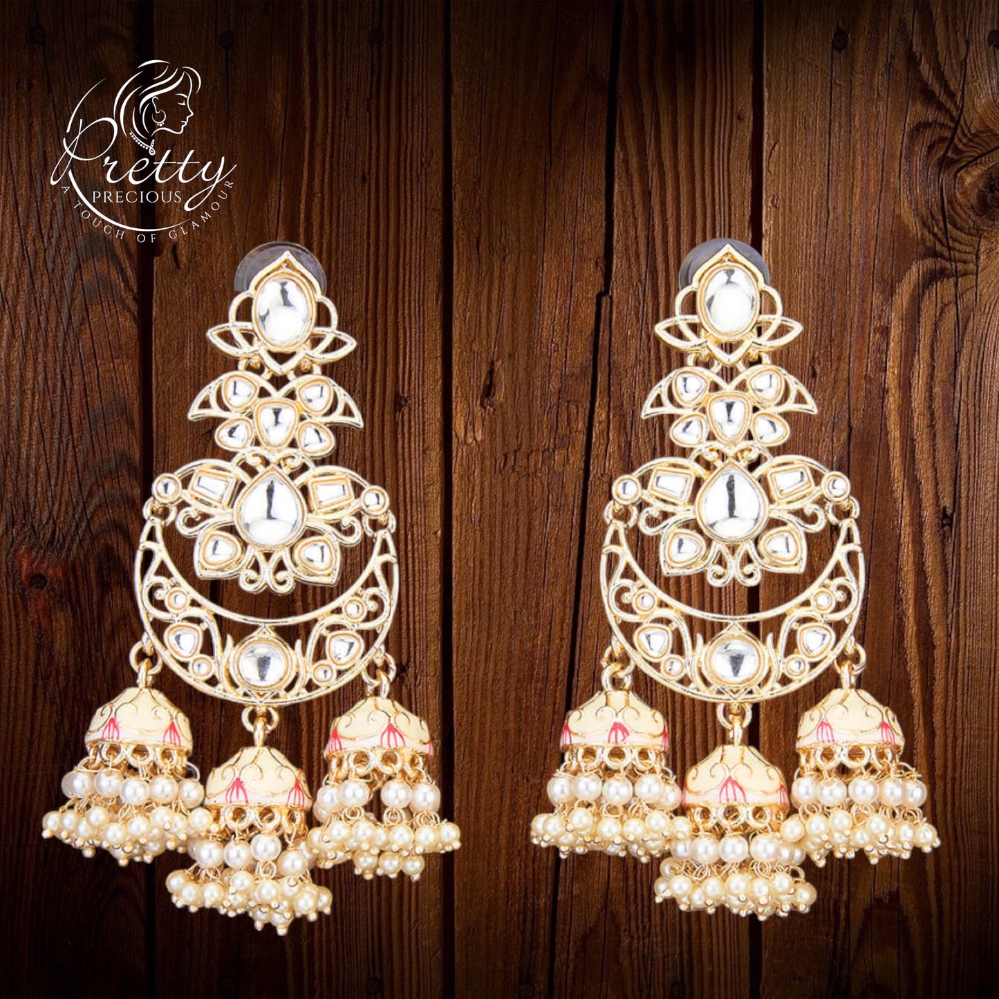 109444 Indo Western Chand Earring With Gold Plating-White