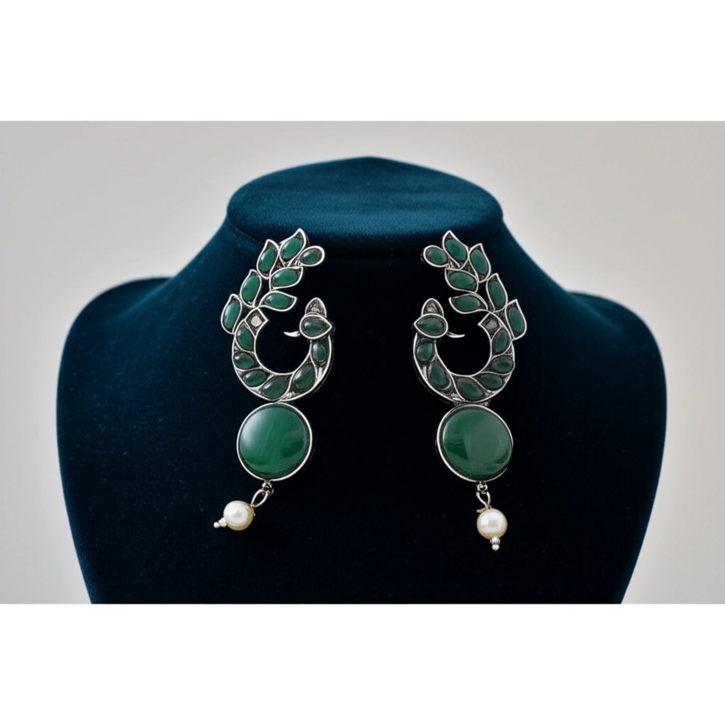 806913 Peacock Jhumki With Oxidised Plating-Green