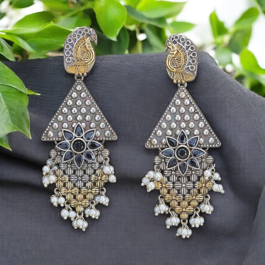 803600 Oxidised Peacock Earring With 2 Tone Plating-Black