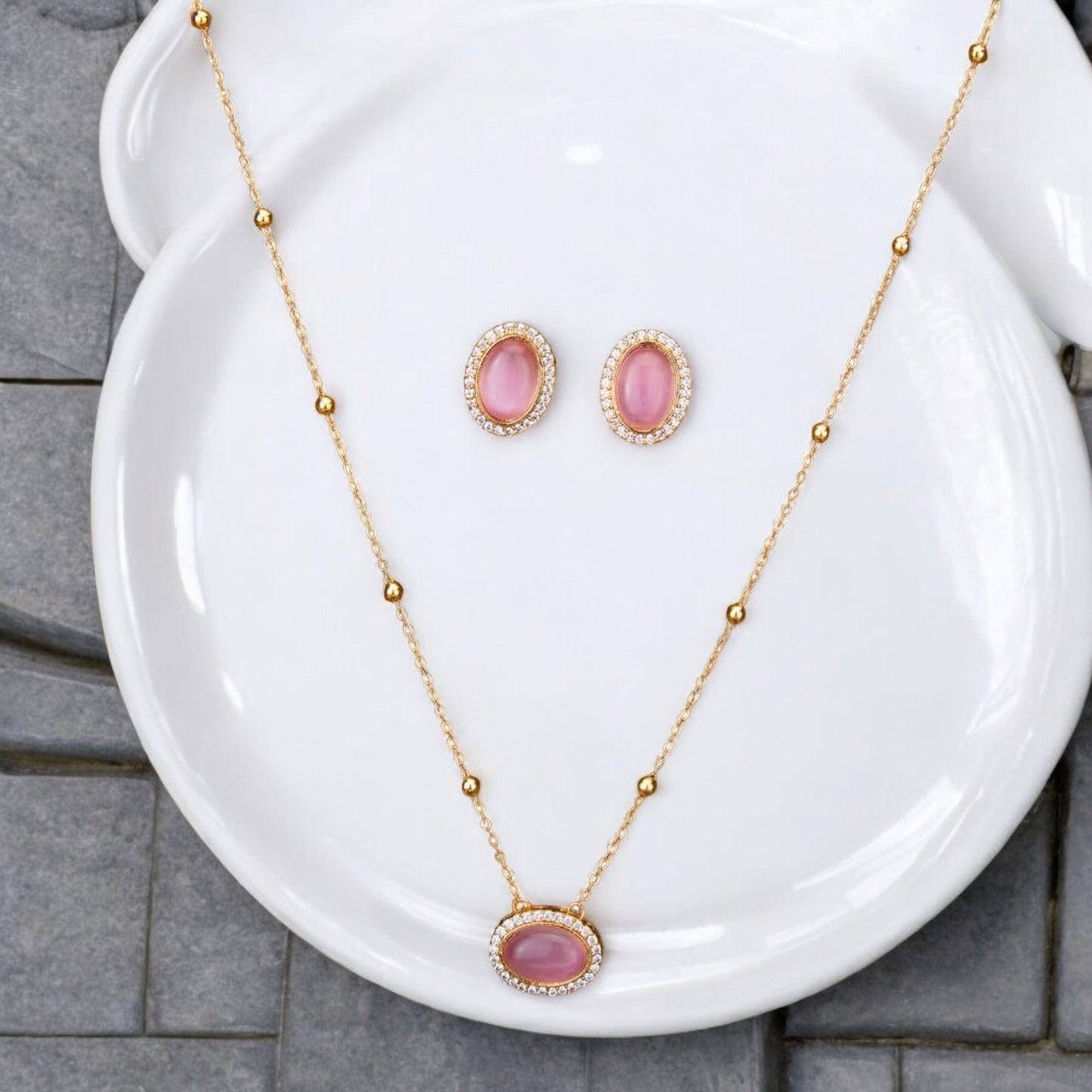 428735-American Diamond Delicate Pendant Set With Gold Plating-Pink