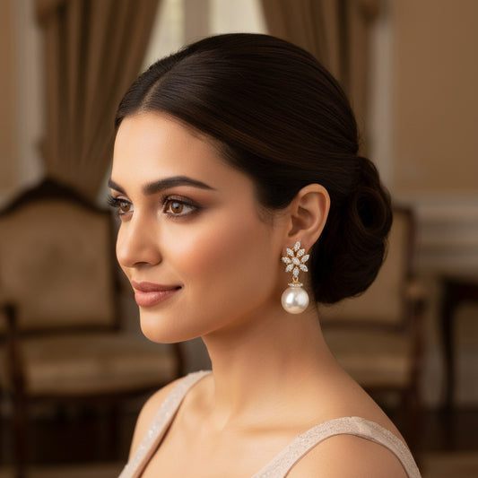 431683 Cz Moti Earring With 2 Tone Rhodium Plating