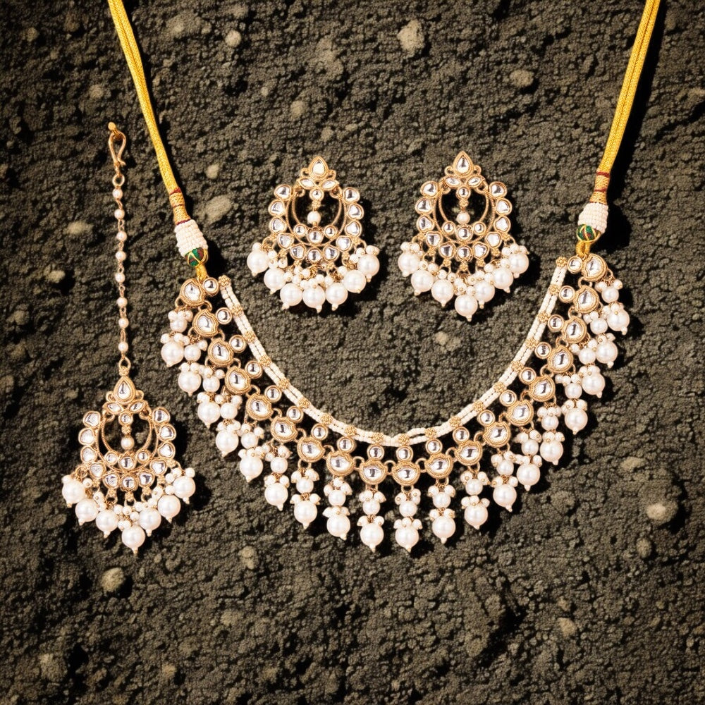 111800 Indo Western Kundan Necklace With Gold Plating-White