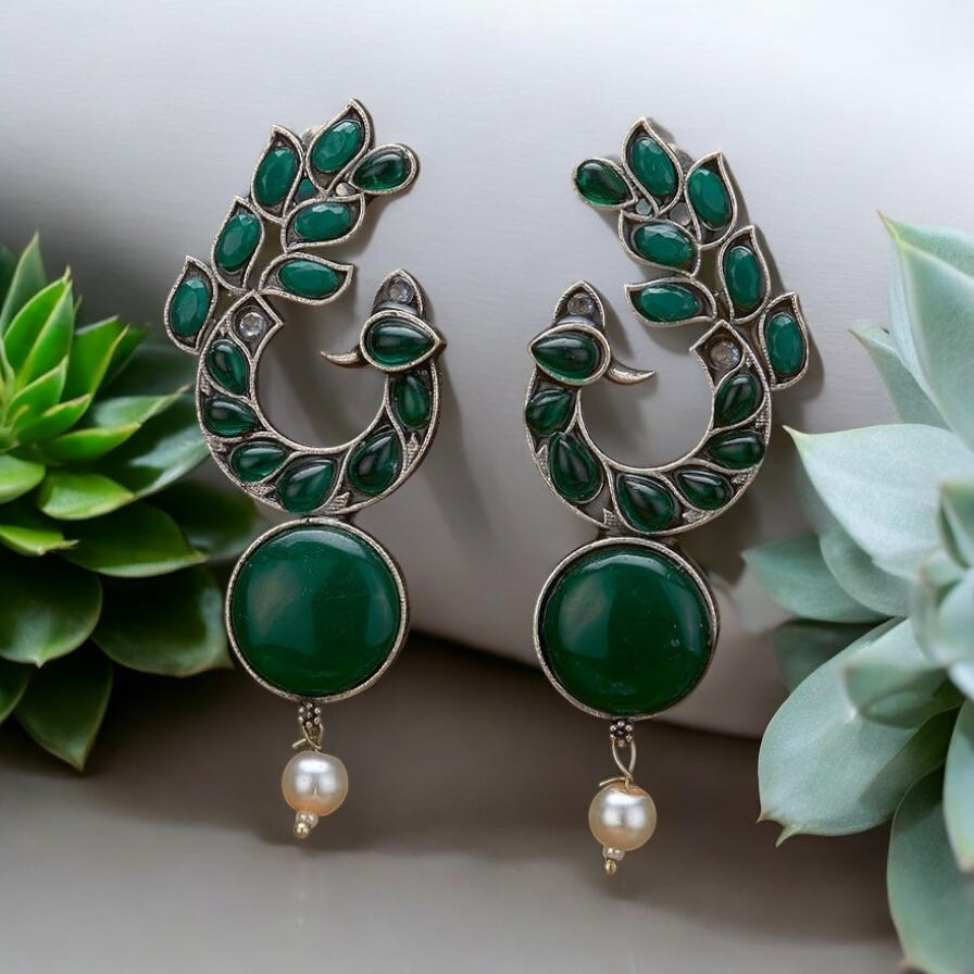 806913 Peacock Jhumki With Oxidised Plating-Green