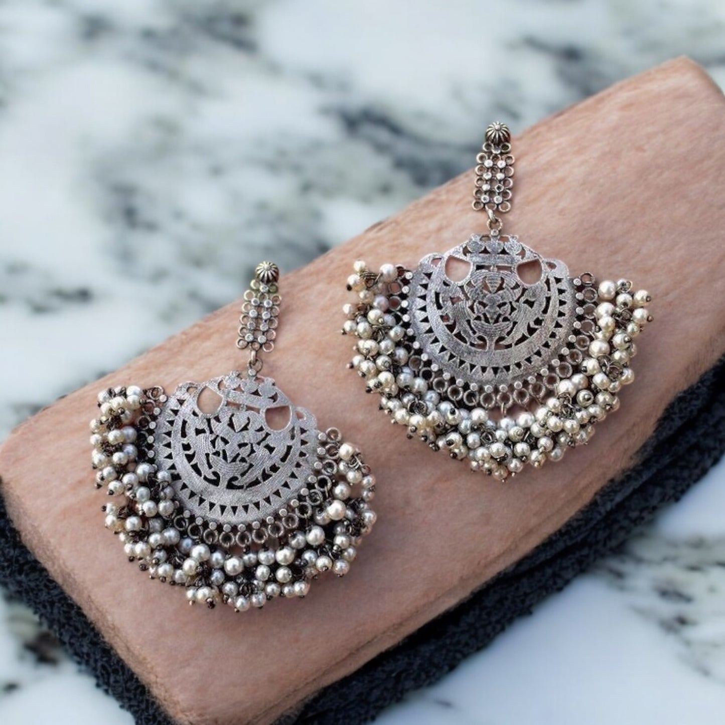 93509-ERO Pretty Precious Fashion Oxidised Silver Stylish Party Wear Earrings for Women and Girls