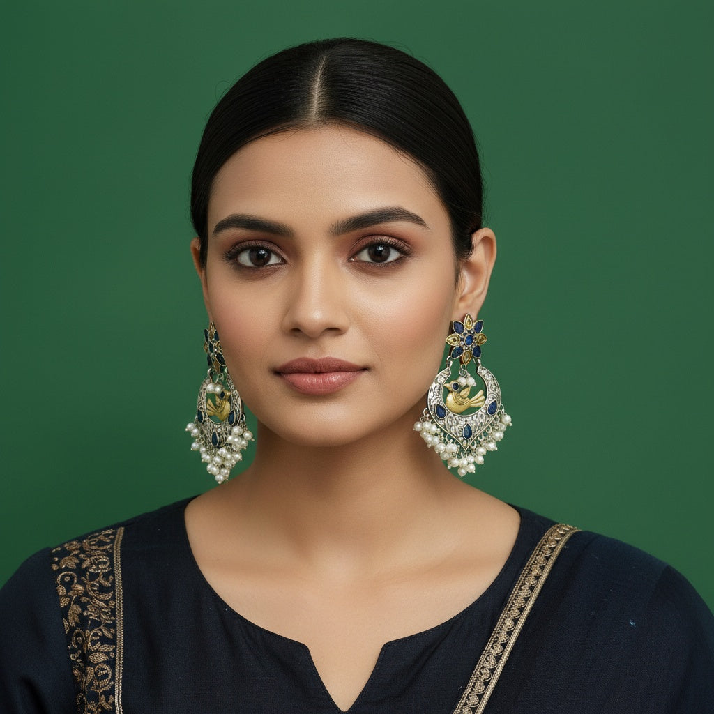 809597 Oxidised Classic Earring With 2 Tone Plating-Blue