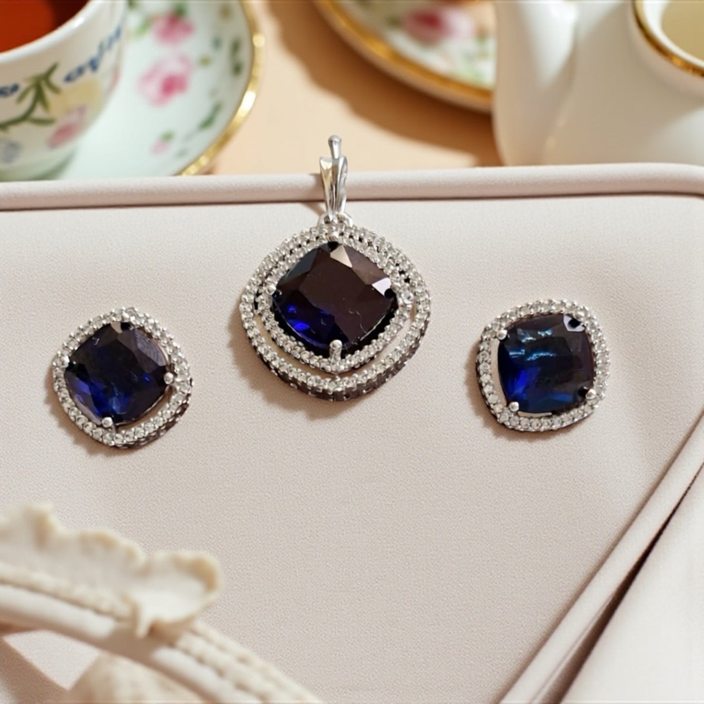 436101-American Diamond Delicate Pendant Set With Rhodium Plating-Blue