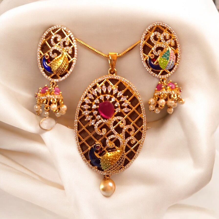 98759-PS-American Diamond Delicate Pendant Set With Gold Plating with Meenakari