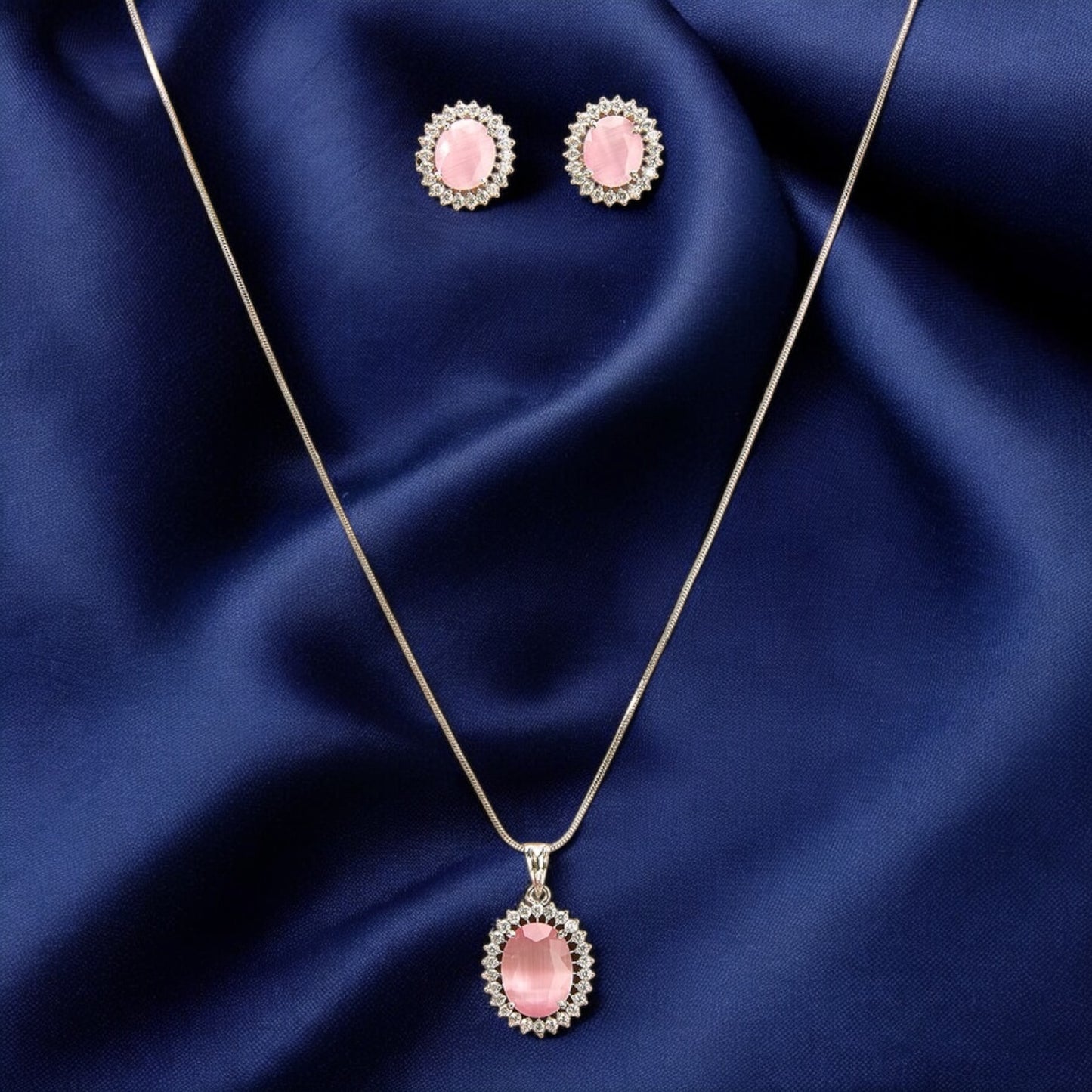 433094-American Diamond Delicate Pendant Set With Rhodium Plating-Pink