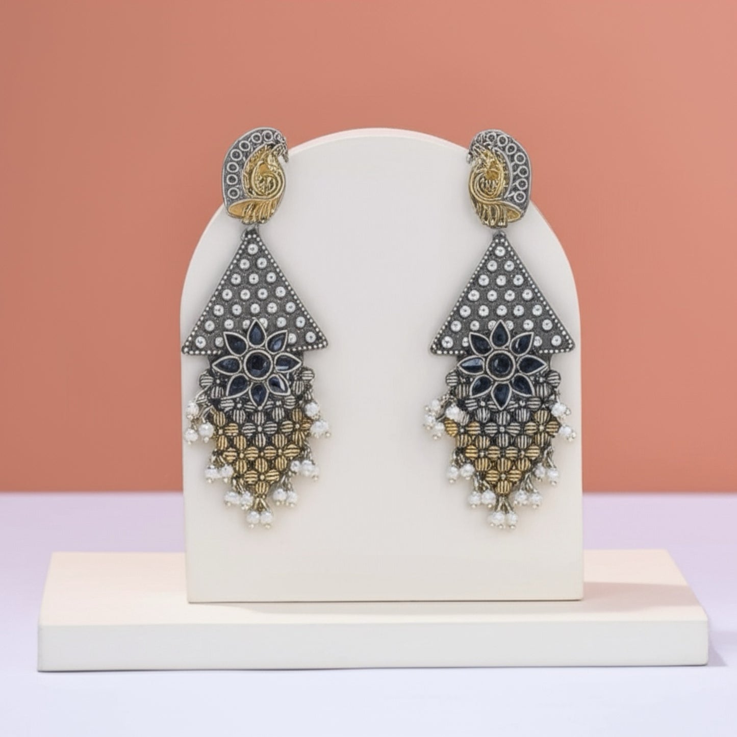 803600 Oxidised Peacock Earring With 2 Tone Plating-Black