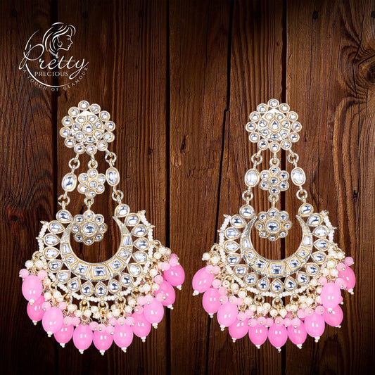 109331 Indo Western Pearl Earring With Gold Plating-Light Pink