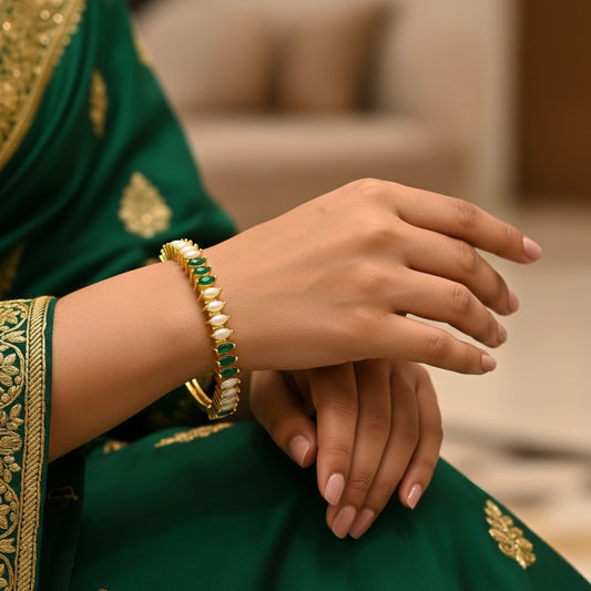 439162 Cubic Zirconia Moti Kada With Gold Plating-Green