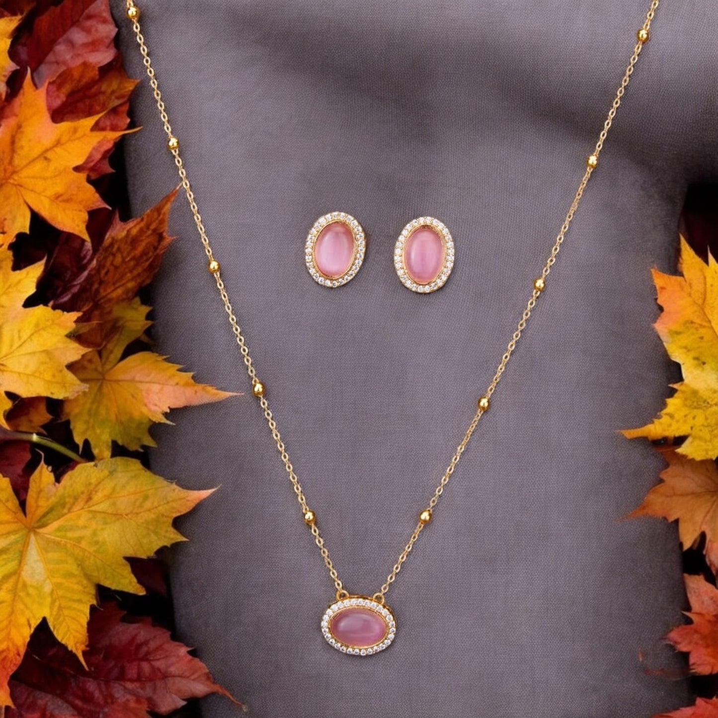 428735-American Diamond Delicate Pendant Set With Gold Plating-Pink