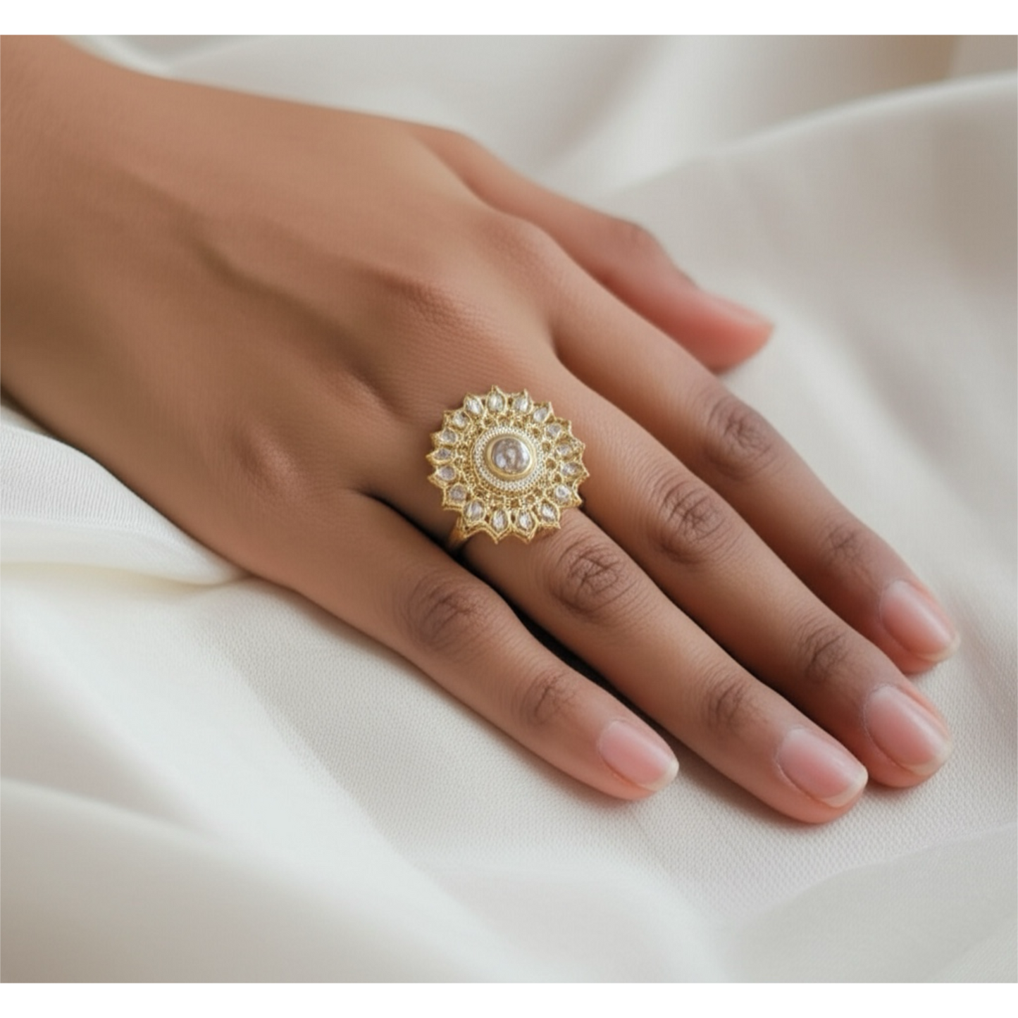 109842- Indo Western Adjustable Ring With Gold Plating-White (Copy)
