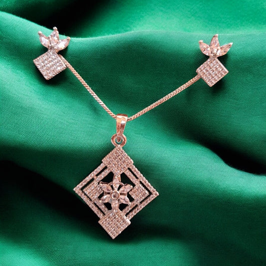 92259-PS-American Diamond Delicate Pendant Set With Rhodium Plating-Design 3