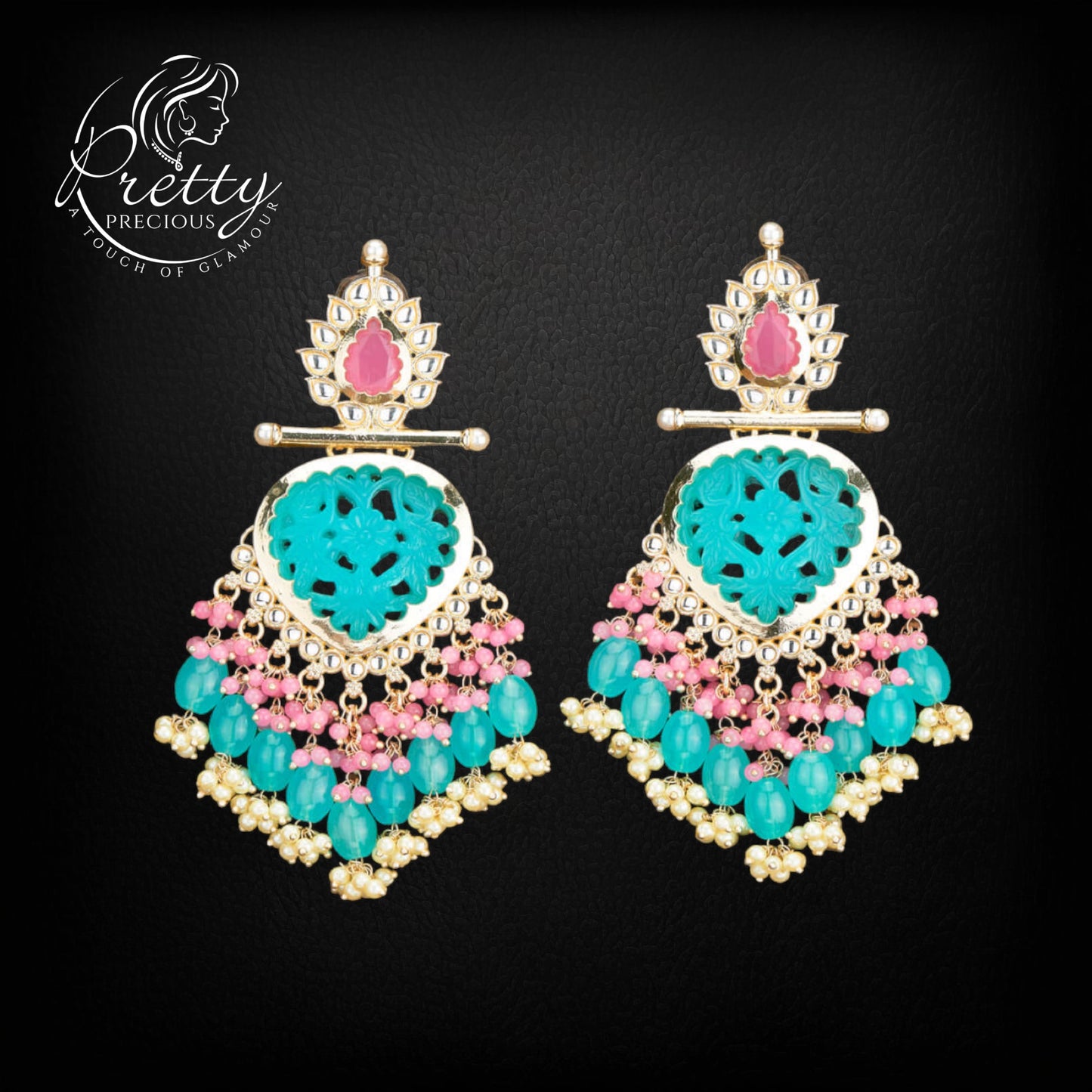 110547 Indo Western Beads Earring With Gold Plating-Turqoise