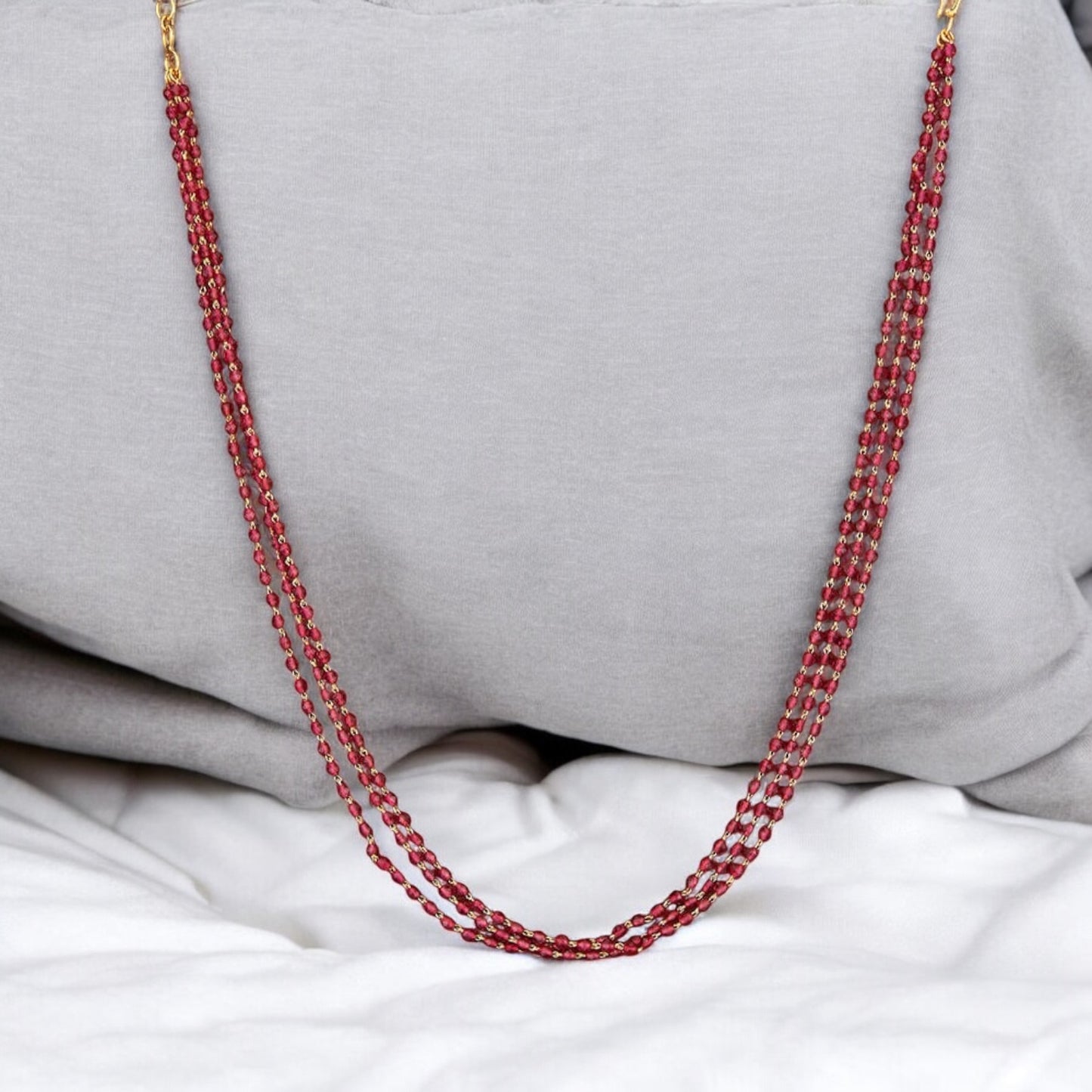 423100 Cz 3 Line Necklace With Gold Plating-Red