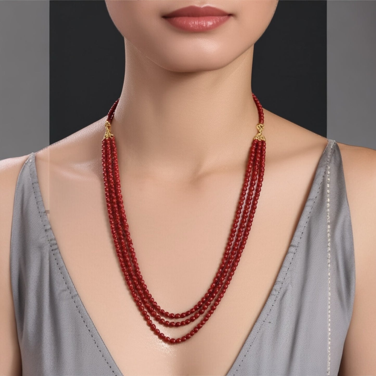 423100 Cz 3 Line Necklace With Gold Plating-Red