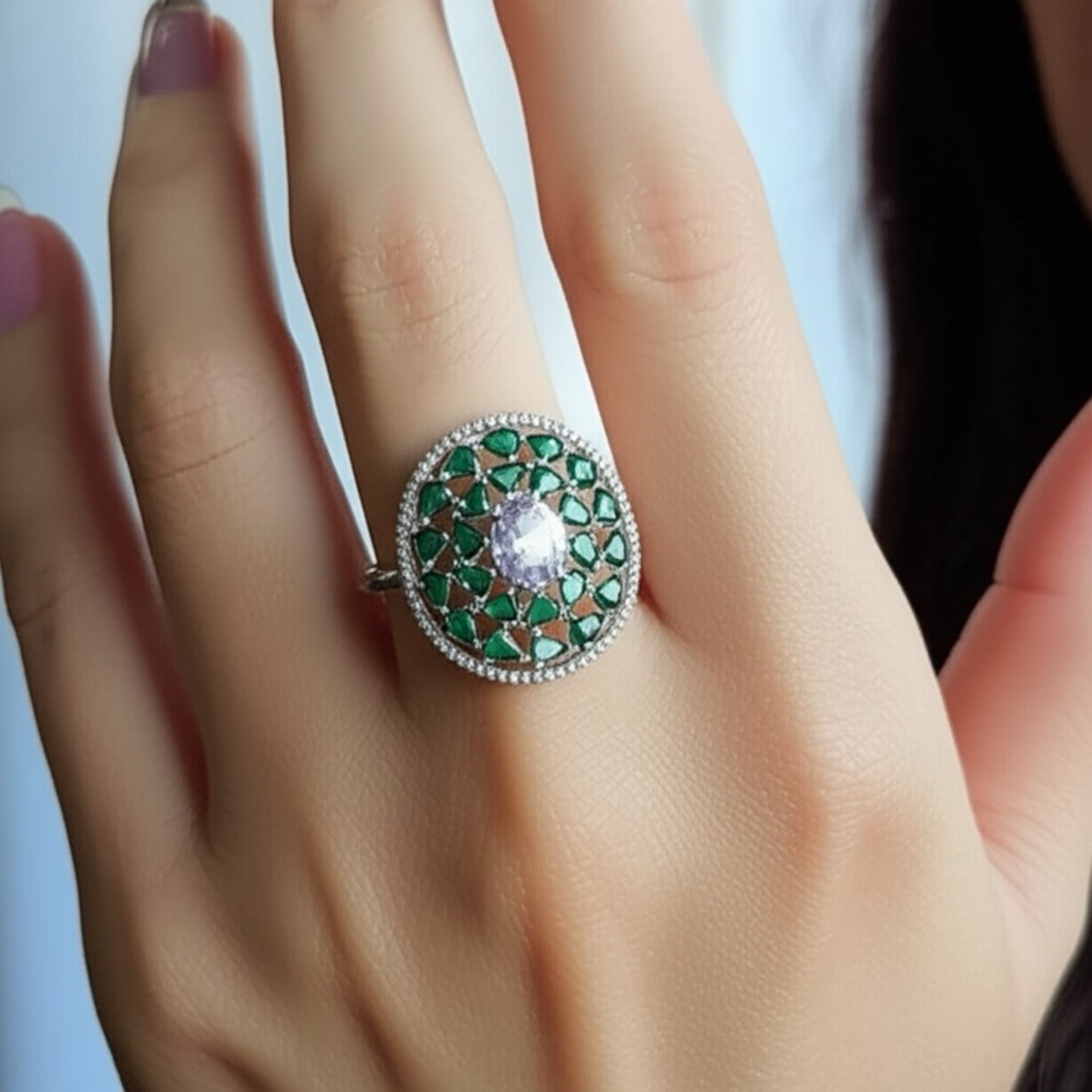 5093 Cz Adjustable Ring Green