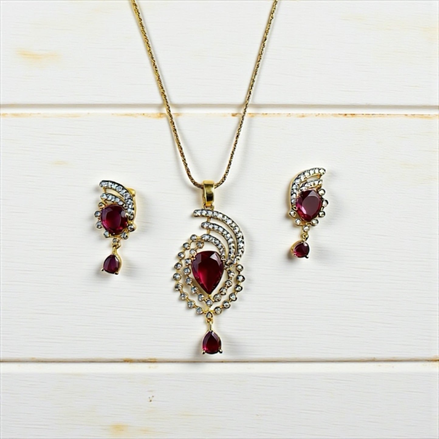 1058-American Diamond Delicate Pendant Set -Ruby