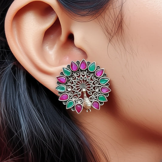 803005 Peacock Earring With 2 Tone Plating-Rubygreen
