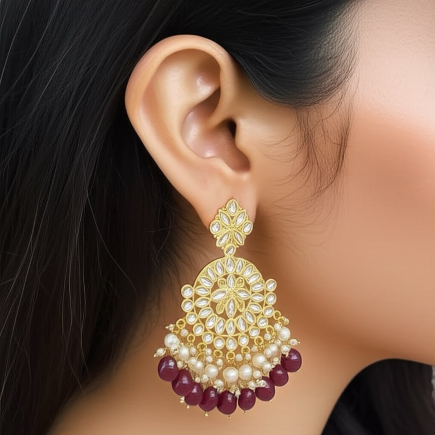 IW-000171-Indo Western (Kundan) Earring-Maroon