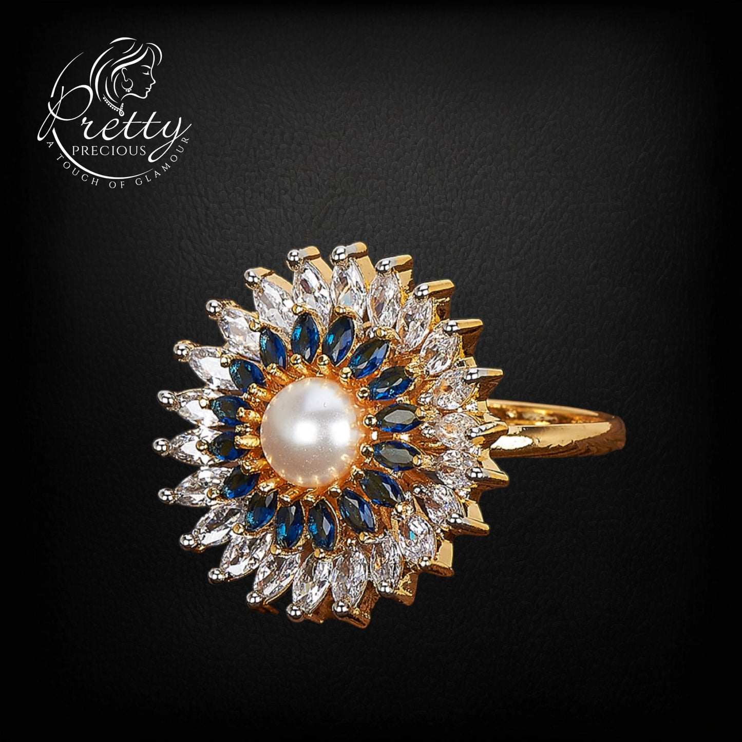 425010-Cubic Zirconia Pearl Ring With 2 Tone Plating-Blue