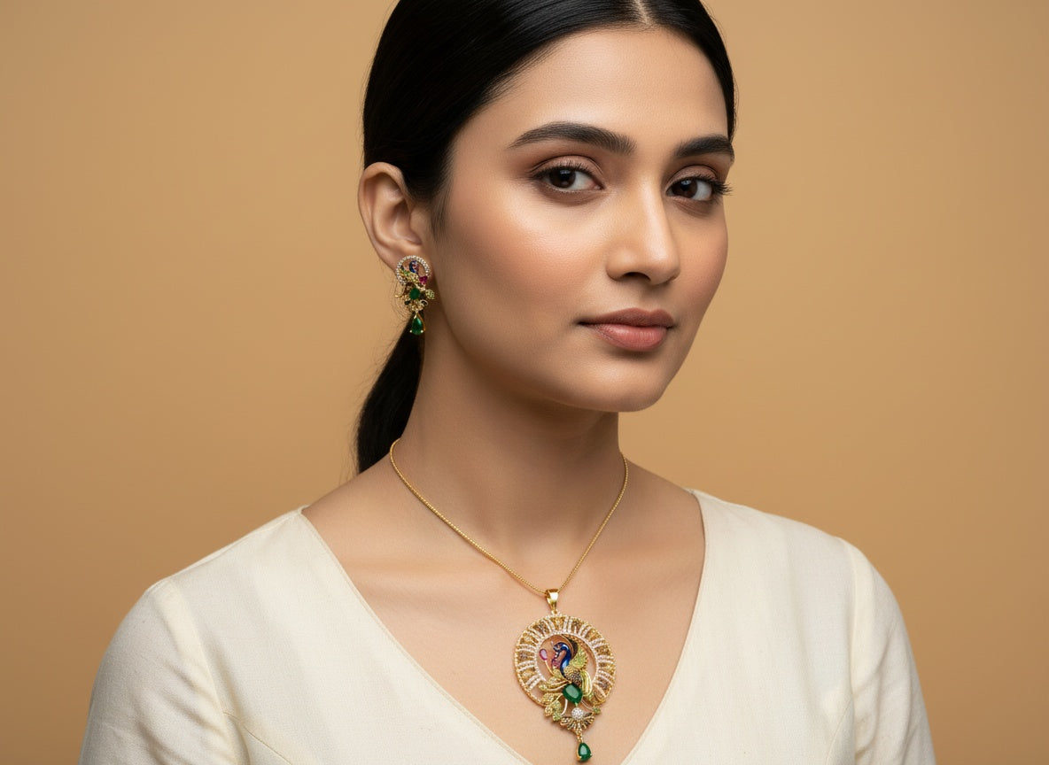 1051-American Diamond Delicate Pendant Set -Green