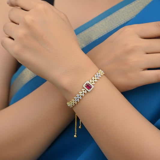 439541 Cubic Zirconia Adjustable Bracelet With 2 Tone Plating-Ruby