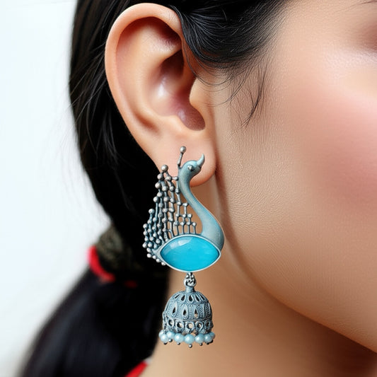 92209-ERO Pretty Precious Fashion Oxidised Silver Stylish Party Wear Earrings for Women and Girls-Aqua