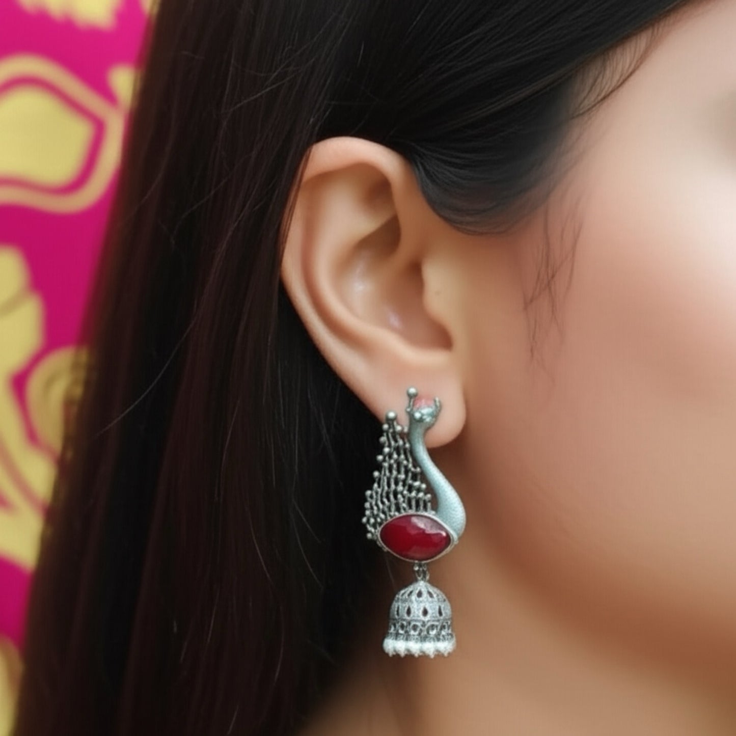 92209-ERO Pretty Precious Fashion Oxidised Silver Stylish Party Wear Earrings for Women and Girls-Ruby