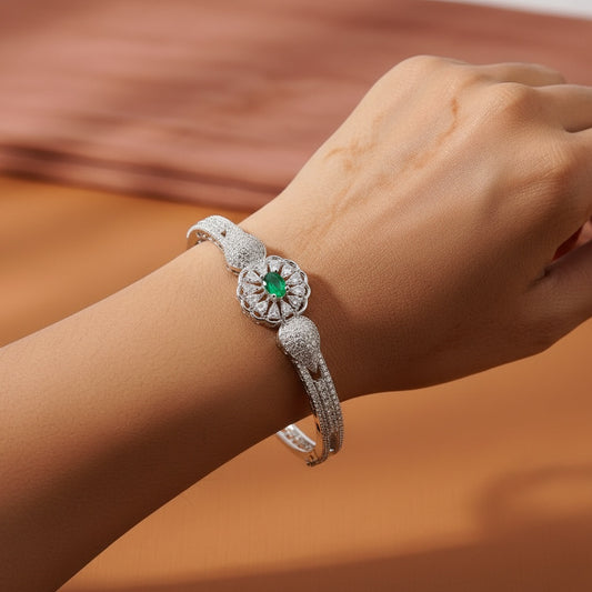 435189 Cubic Zirconia Delicate Kada With Rhodium Plating-Green