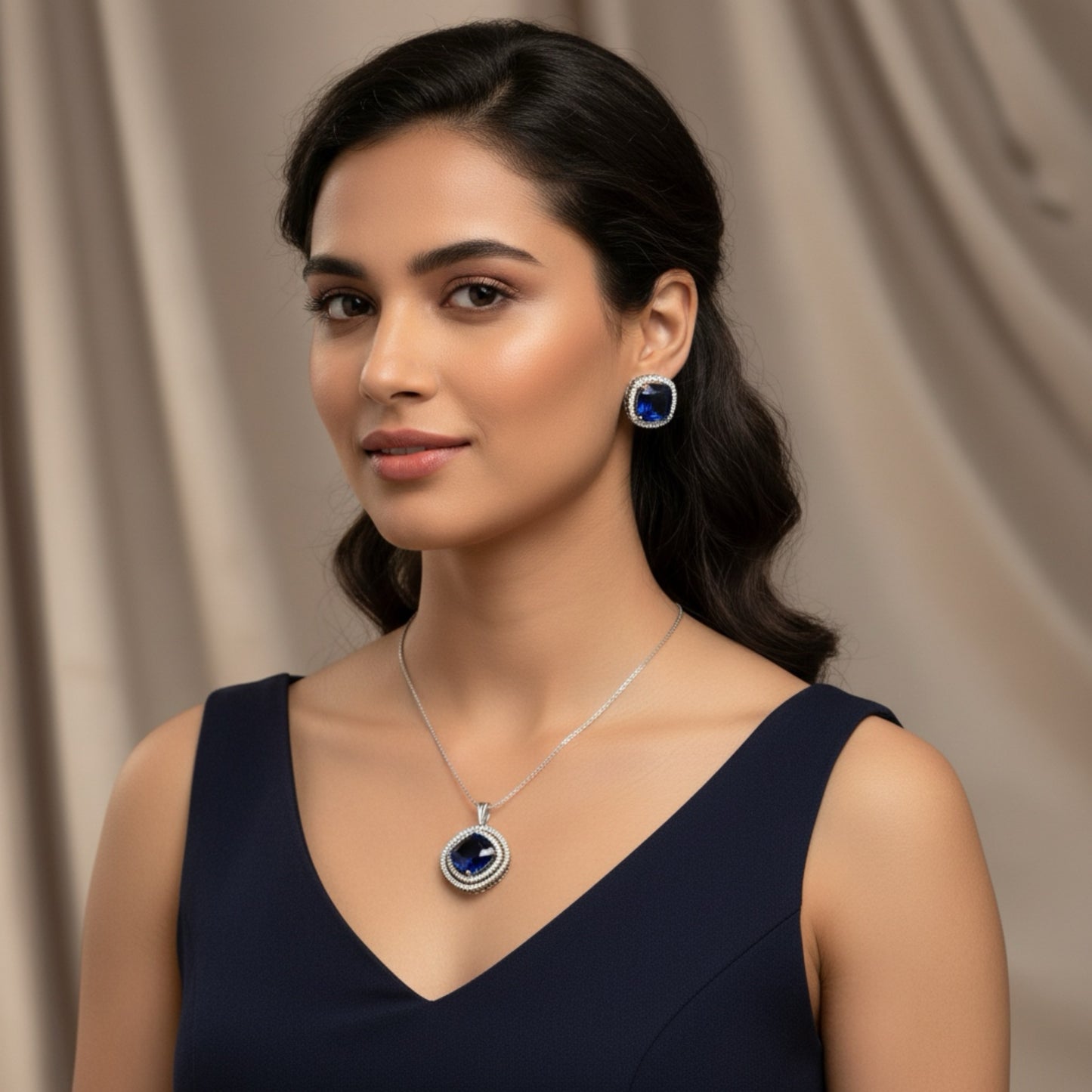 436101-American Diamond Delicate Pendant Set With Rhodium Plating-Blue