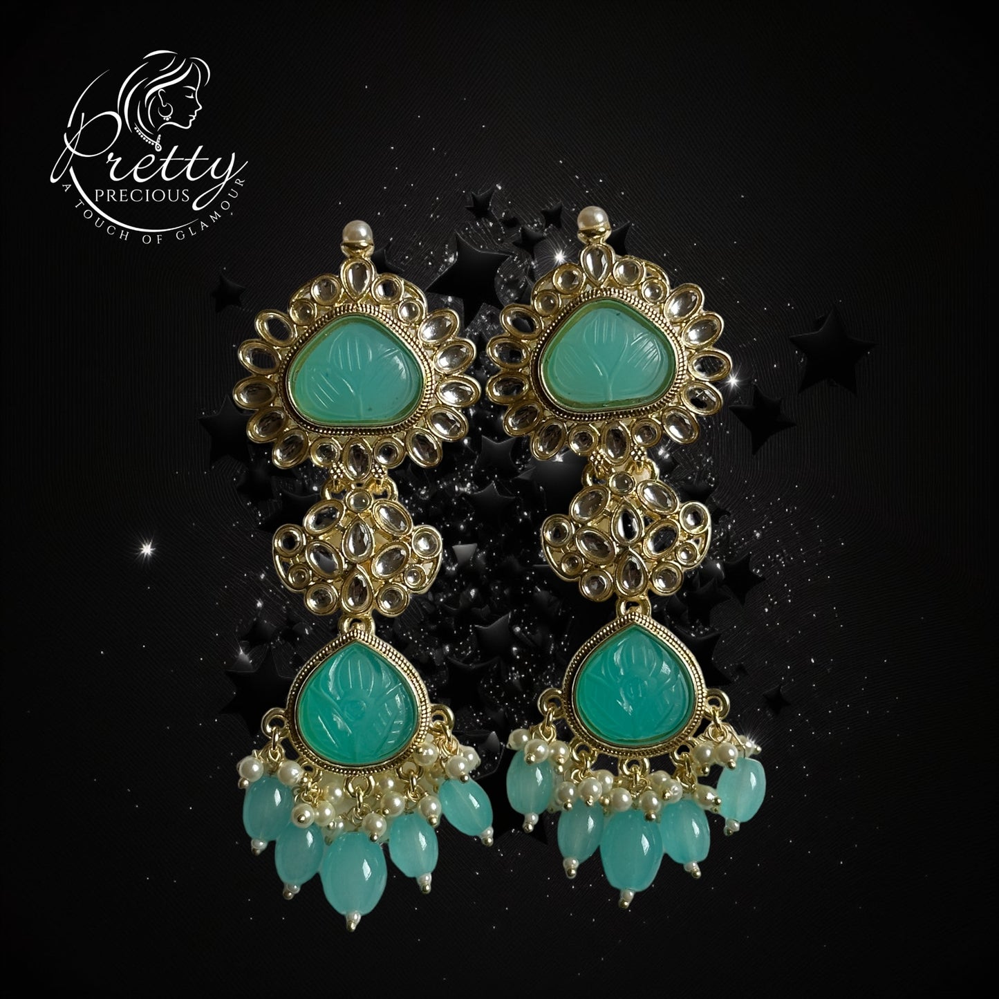 109144 Indo Western Stone Earring With Gold Plating Aqua
