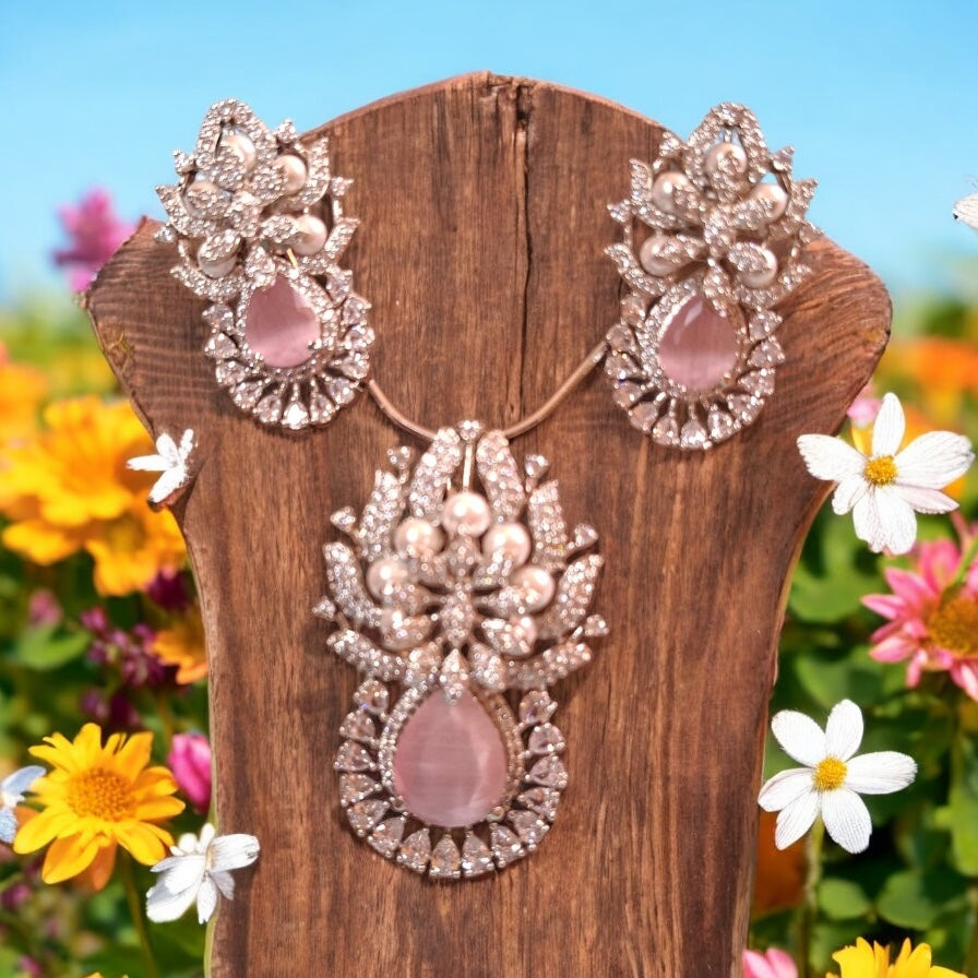 97459-PS-American Diamond Delicate Pendant Set With Rhodium Plating-Pink Moti