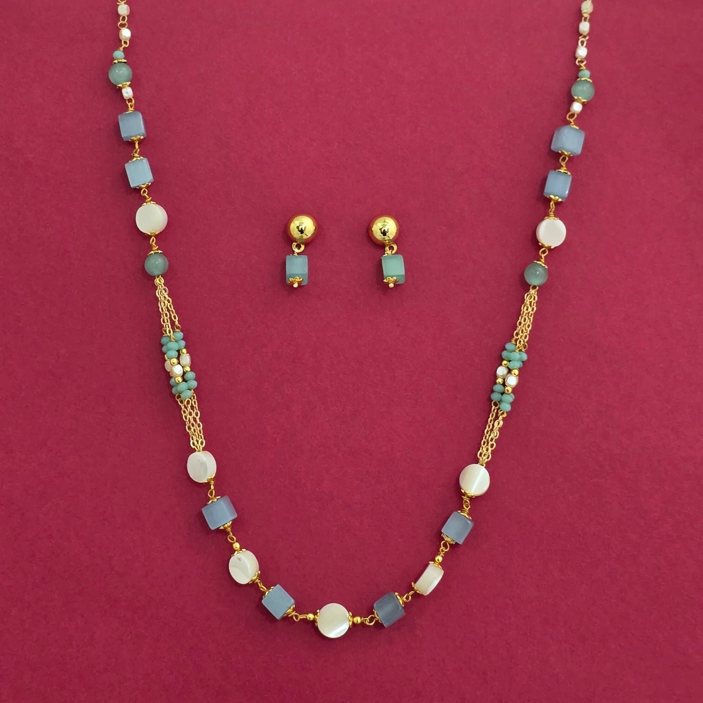 438963 Cubic Zirconia Mala Necklace With Gold Plating-Aqua