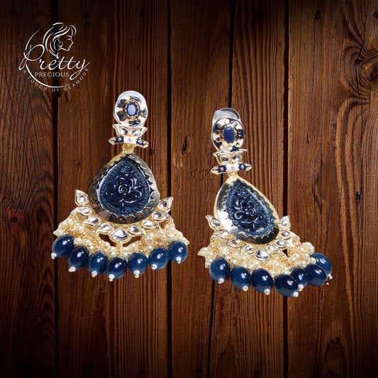 110902 Indo Western Beads Earring With Gold Plating-Peacockblue