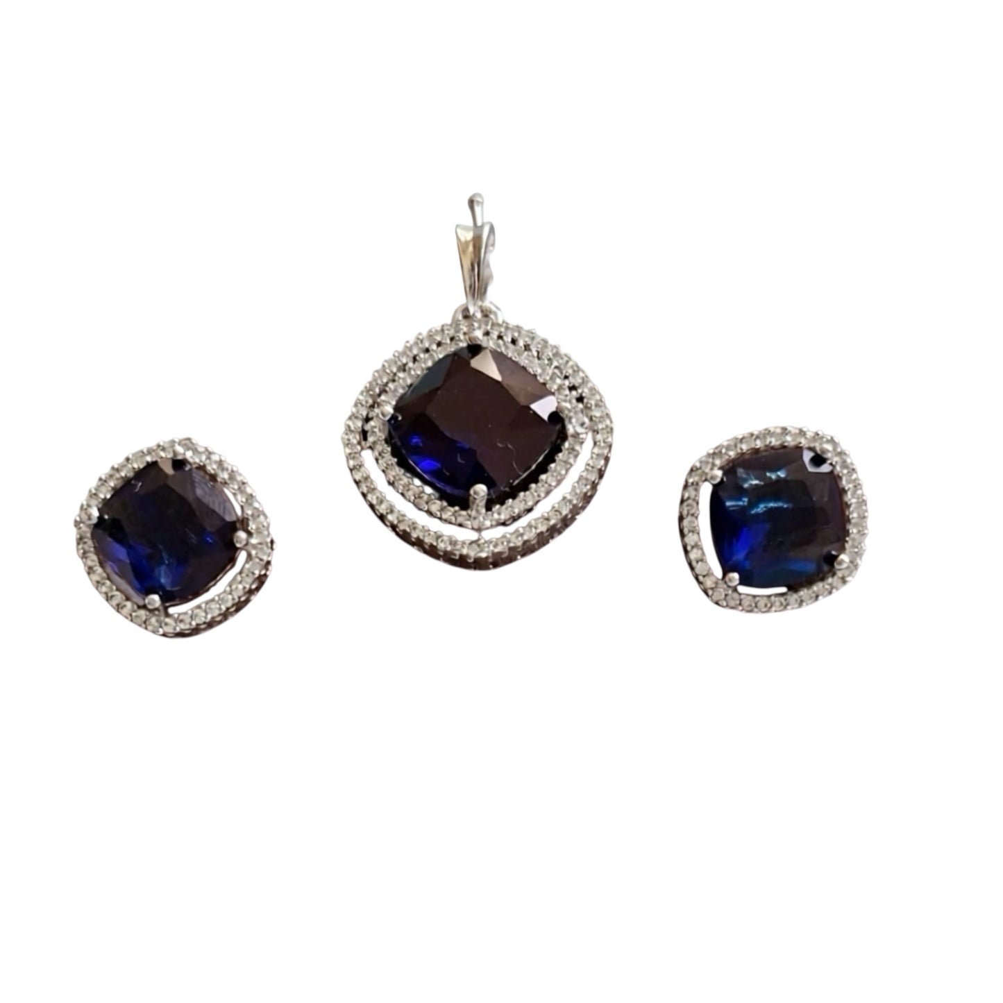 436101-American Diamond Delicate Pendant Set With Rhodium Plating-Blue