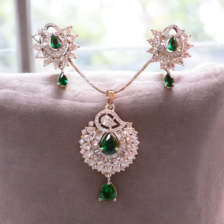 94209-PS-American Diamond Delicate Pendant Set With Rhodium Plating-Green