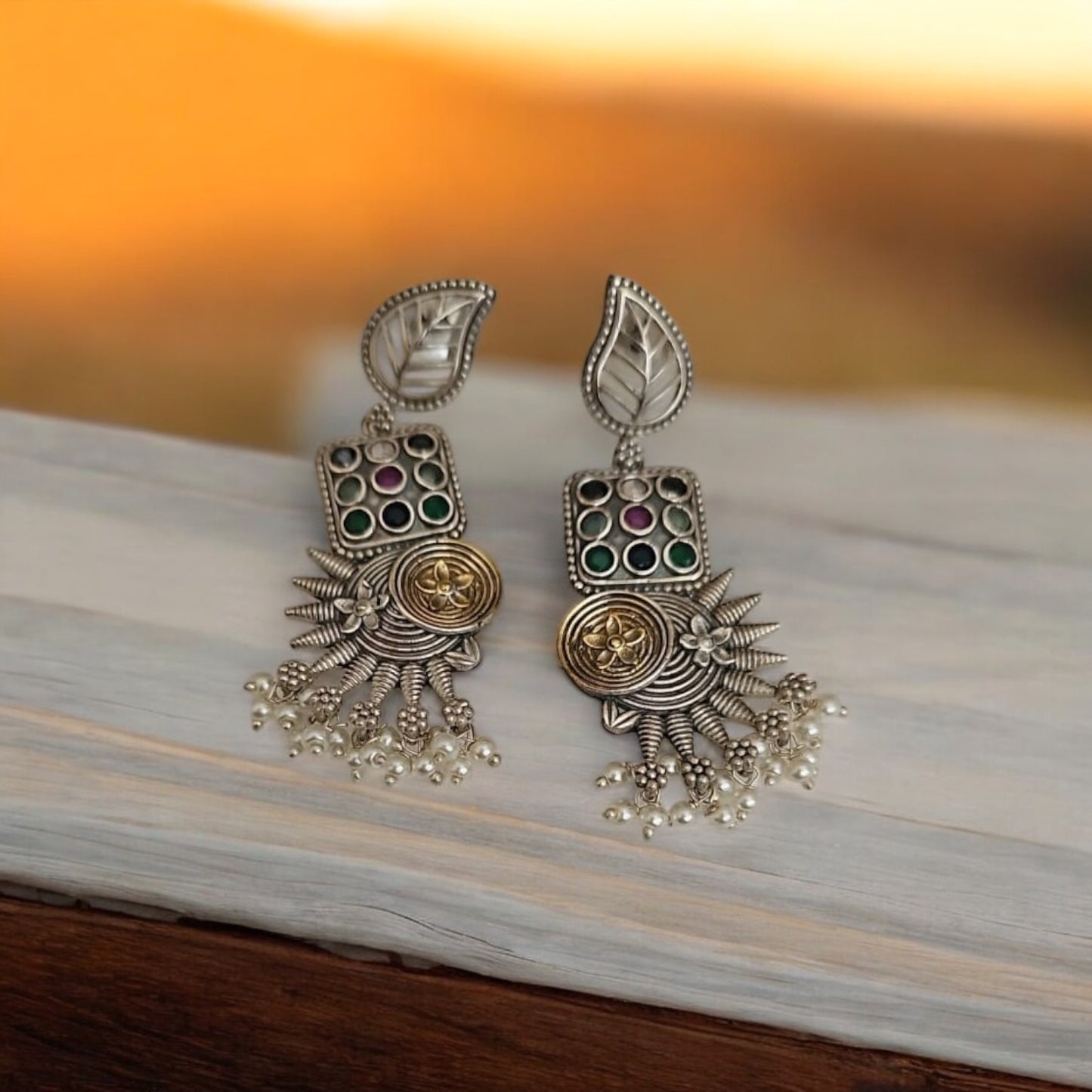 806461 Oxidised German Silver Earring With 2 Tone Plating