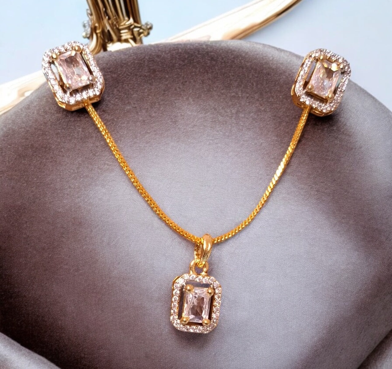 91609-PS-American Diamond Delicate Pendant Set With Gold Plating-Design 4