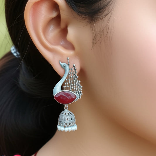 92209-ERO Pretty Precious Fashion Oxidised Silver Stylish Party Wear Earrings for Women and Girls-Ruby