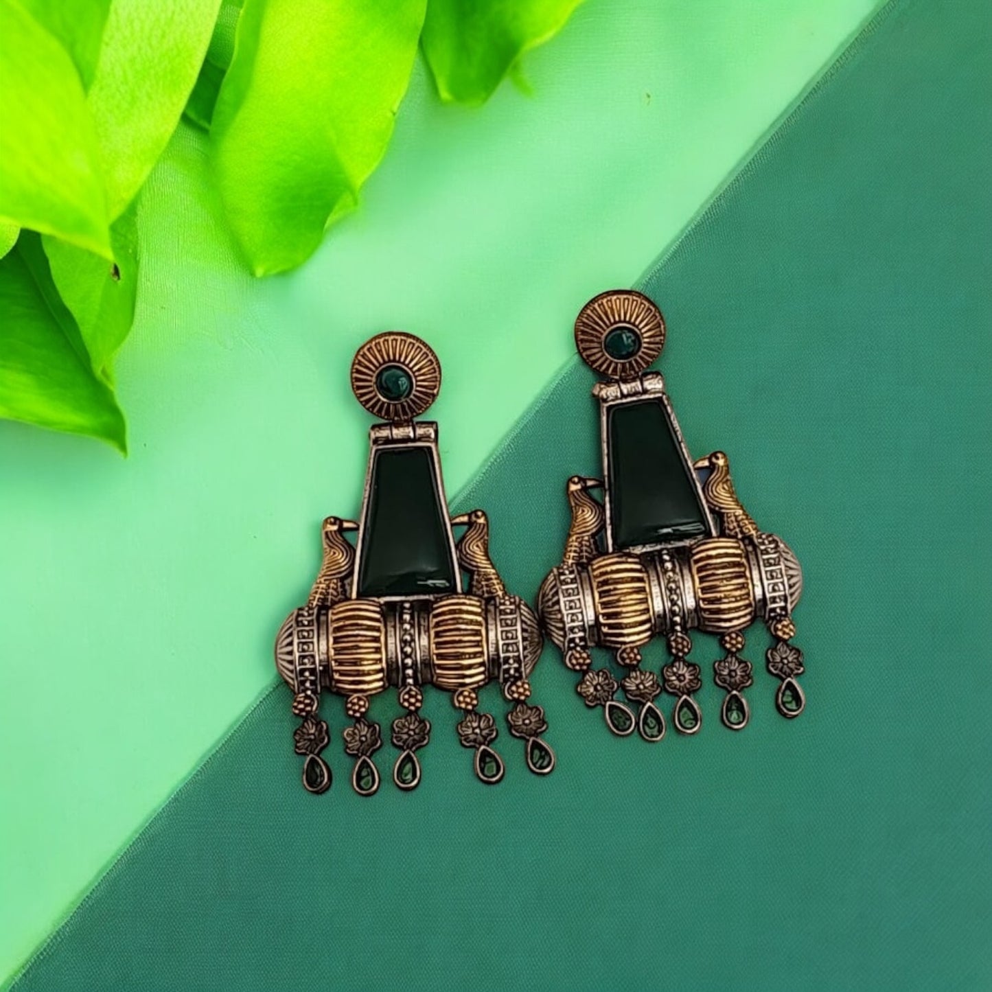 OXE-35425 Pretty Precious Fashion Oxidised Silver Stylish Party Wear Earrings for Women and Girls-Green