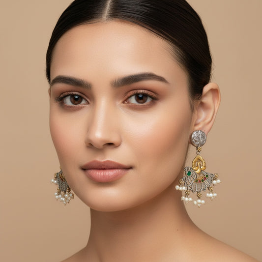 809057 Oxidised Peacock Earring With 2 Tone Plating-Rubygreen